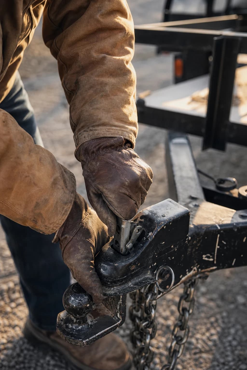 A contractor in worn gloves fastening a trailer coupler